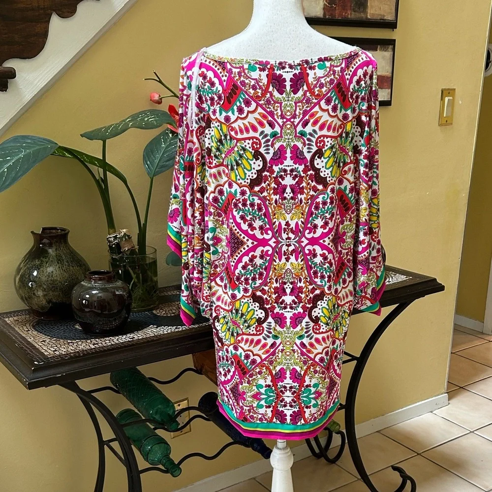 Trina Turk NWT Pink & Green Hawaiian Garden Boatneck Tunic Swim Cover Mini Dress - Picture 10 of 16